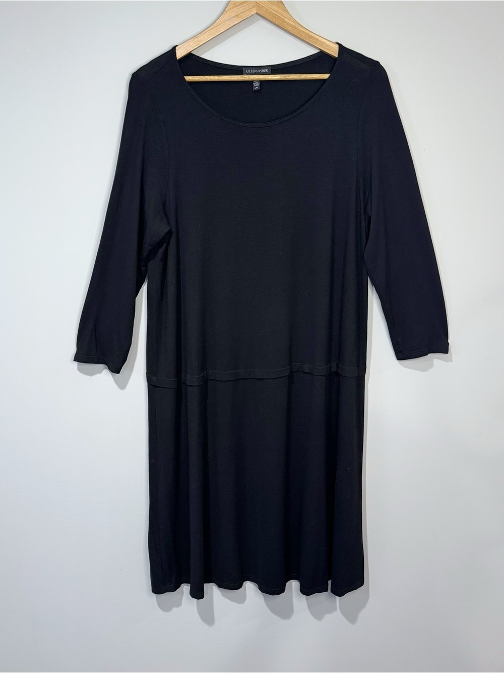 Eileen Fisher Black Jersey Knit Drop Waist Shift Dress 3/4 Sleeve Scoop Neck L